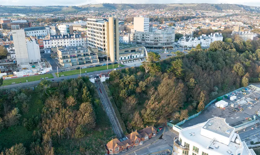Leas Lift, Folkestone An aerial view of Leas Lift on the cliff edge with town buildings above