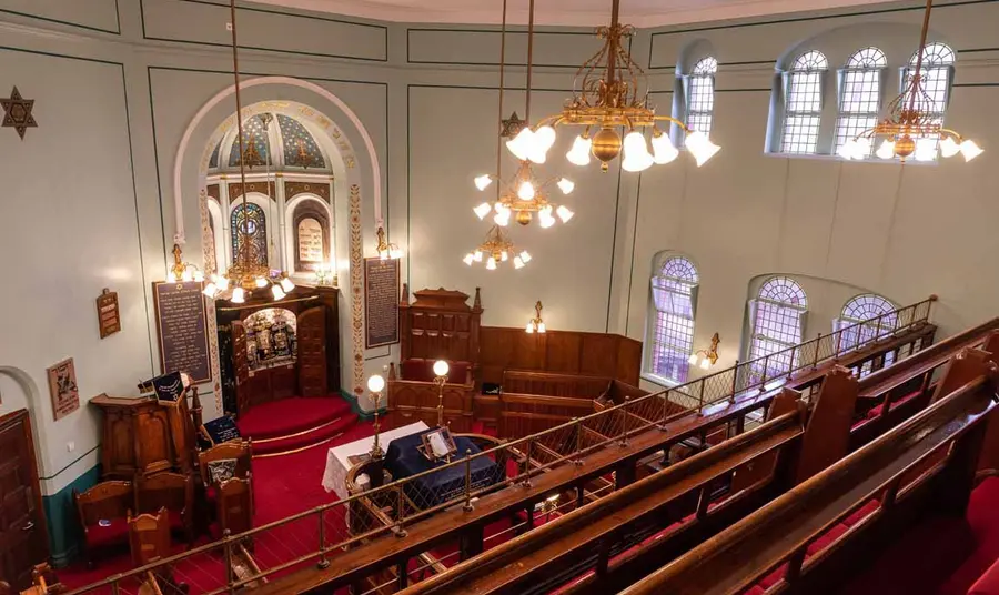 The interior of Leicester Hebrew Congregation Synagogue viewed from balcony level