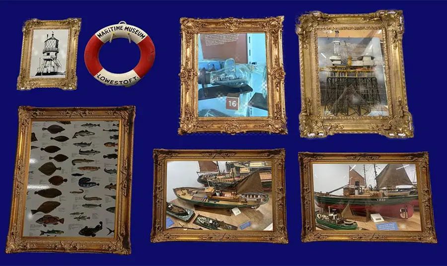Several picture frames with images related to the sea and naval history on a blue background