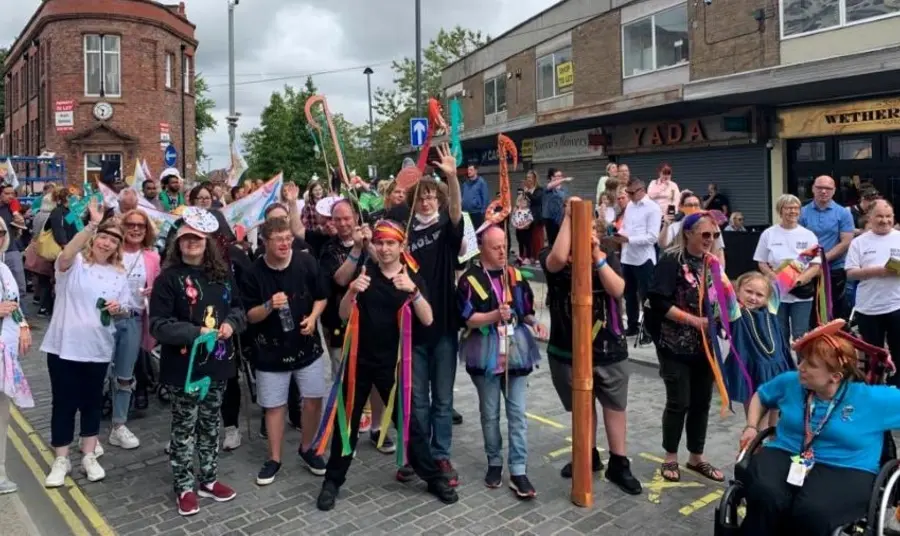 A group of people with handmade props and decorations