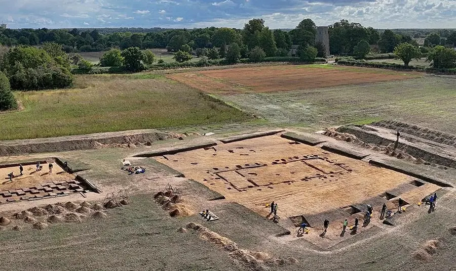 An aerial photo of an archaeological dig in a field