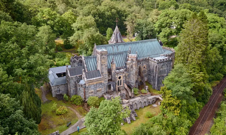 An aerial view of St. Conan's Kirk in Scotland.
