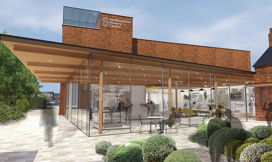 An artist's impression of a building with glass walls and a low wooden roof, with the words 'staffordshire history centre' on the side of the building
