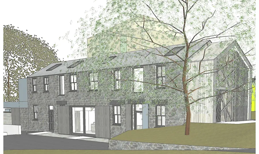 Architectural drawing of a stone and timber clad building showing how the historic stableblock will look when developed into The Gardeners' House