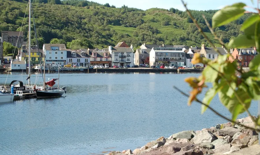 A view across Tarbert harbour, in the foreground to the right are some leaves and a rocky foreshore. To the left is a jetty and a yacht. IN the background harbour front building with hill behind them.
