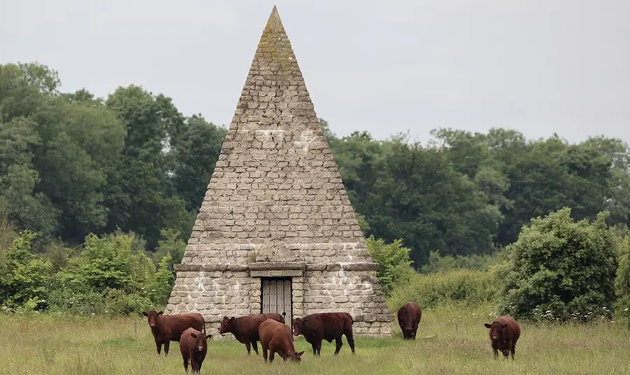 Lincoln Red cattle graze fields in front of a stone ornamental feature shaped like a pyramid
