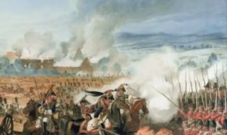 Painting depicting Attack on the British Squares by French Calvary, Battle of Waterloo, 1815 by Denis Dighton Painting depicting Attack on the British Squares by French Calvary, Battle of Waterloo, 1815 by Denis Dighton