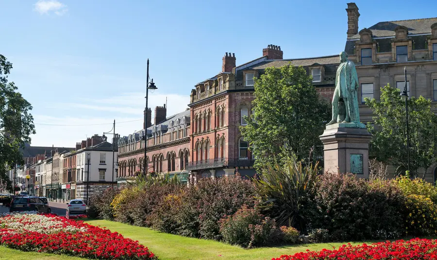Photograph of Ramsden Square statue and Abbey Road Barrow-in-Furness, Cumbria, England, UK