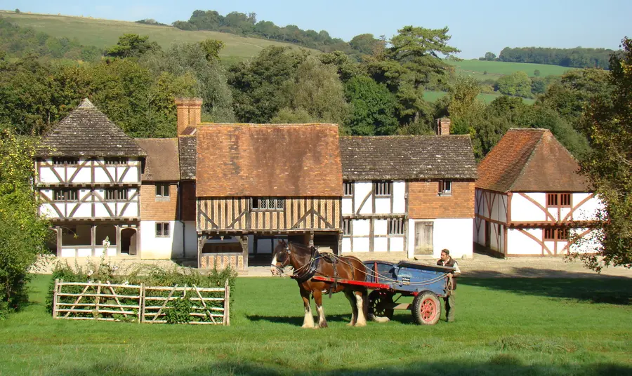 Weald and Downland Museum market square with horse and cart 