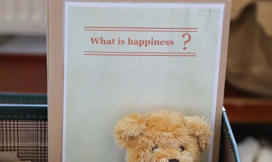 Teddy bear in front of page saying 'what is happiness?'