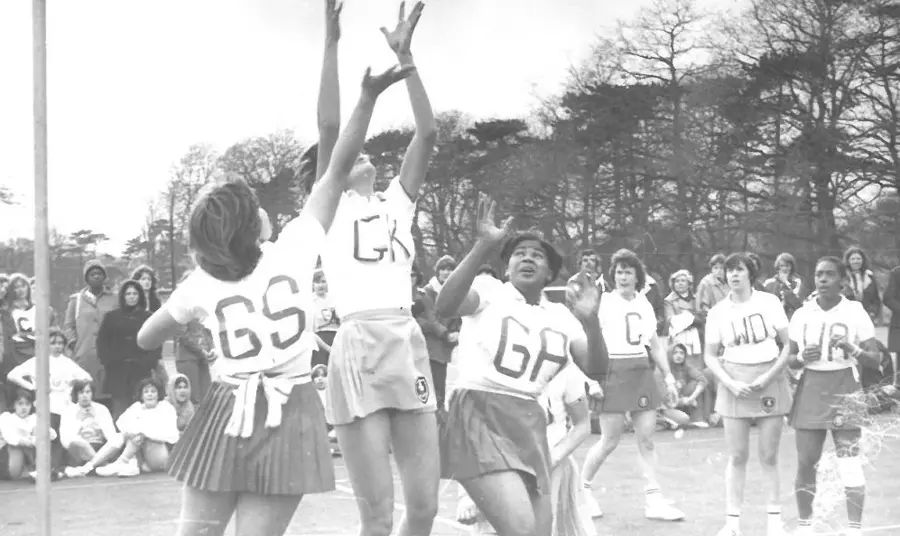 Netball centre court as project scores Lottery investment Kent v Essex County Final 1977 in Morden