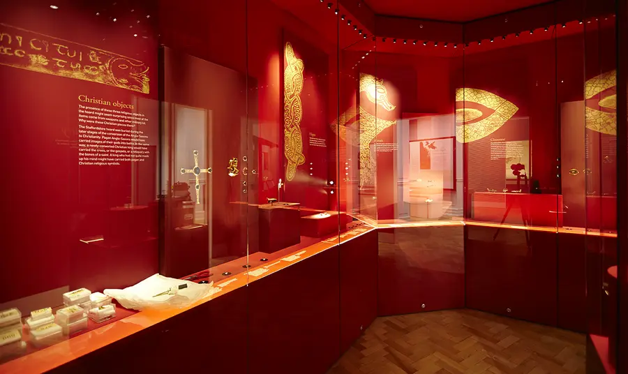 Image of Staffordshire Hoard Gallery The Staffordshire Hoard Gallery with objects on display in glass cases