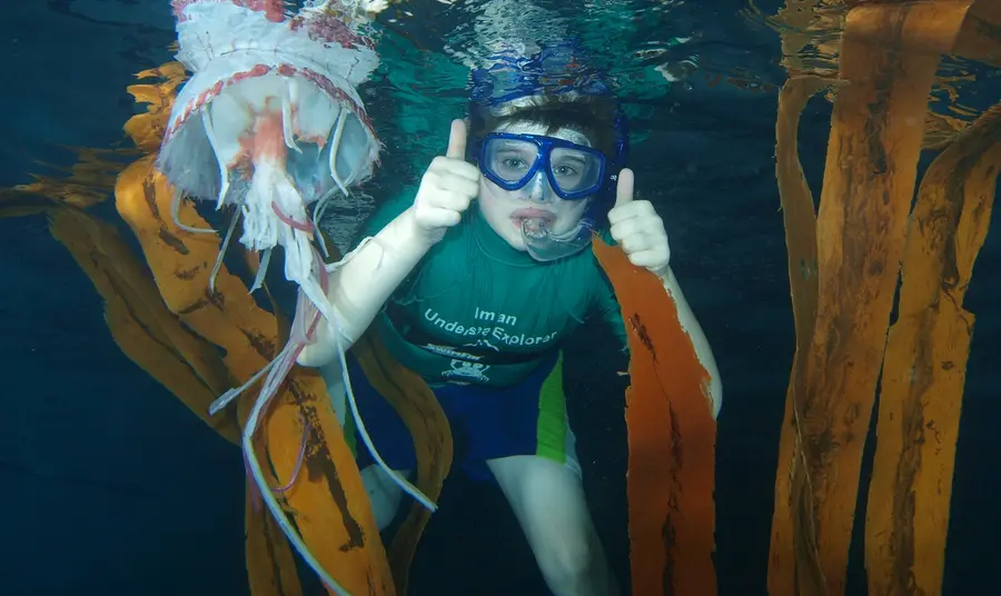 Child swimming wearing a snorkel