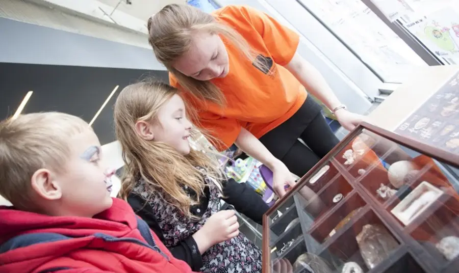 Children looking at a museum display of geological collections