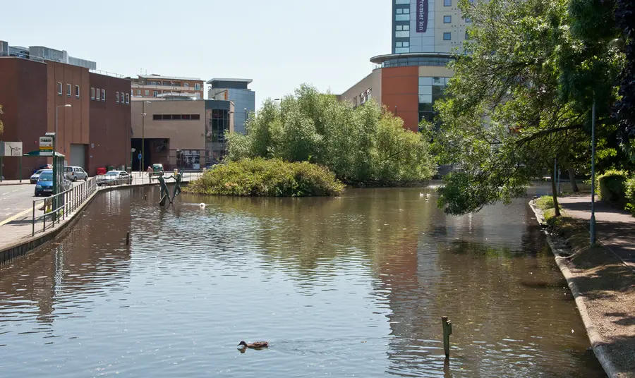 View of the Water Gardens and the town