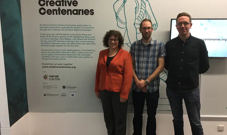 Celebrating National Lottery investment in Northern Ireland Ros Kerslake with David Lewis and Niall Kerr from the Nerve Centre