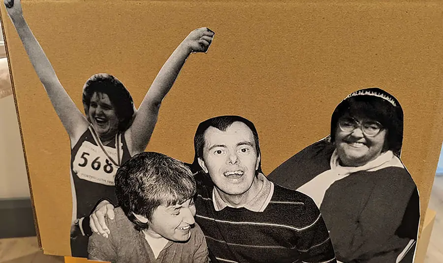 A collage of black and white photographs of person smiling, two people laughing with their arms around one another and a runner with their arms in the air wearing a medal