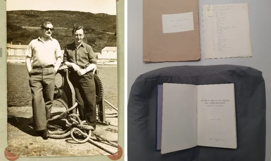 Archival materials from the Public Record Office of Northern Ireland about Sam Hanna Bell and Michael J Murphy. On the left, a black-and-white photo of Sam Hanna Bell on a harbourside. On the right, drafts of a book about Rathlin Island by Michael J Murphy.