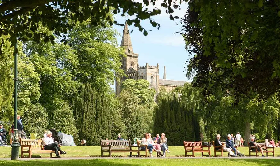 Visitors enjoying a picnic in a park in a city.