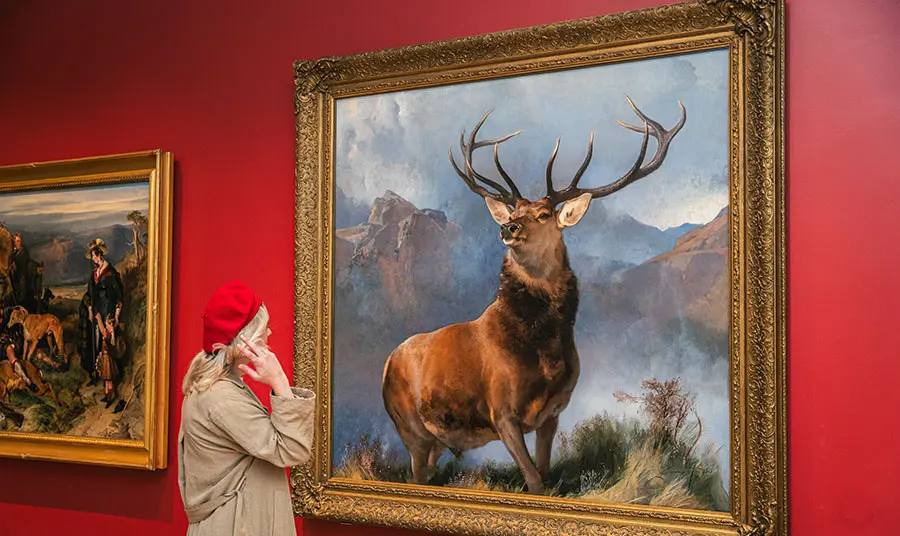 A person looking at The Monarch of the Glen, a painting of a stag