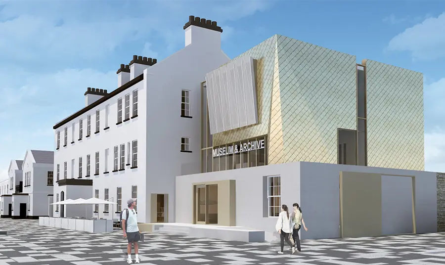 artist's impression graphic of DNA Museum with the words Museum and Archive on the modern front that is attached to an existing white building. Three people are walking next to the building