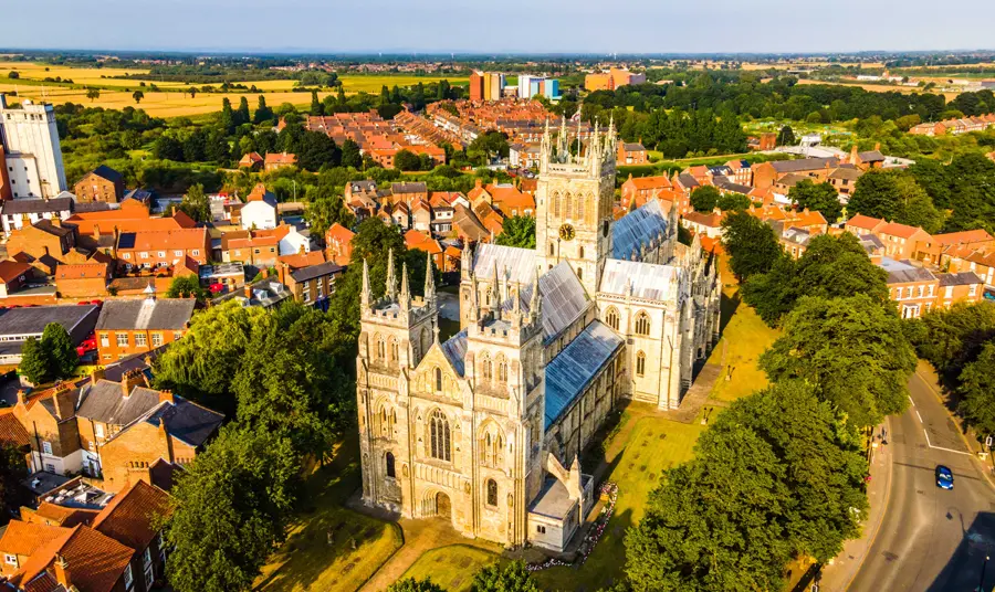 Aerial view of Selby Abbey within the town