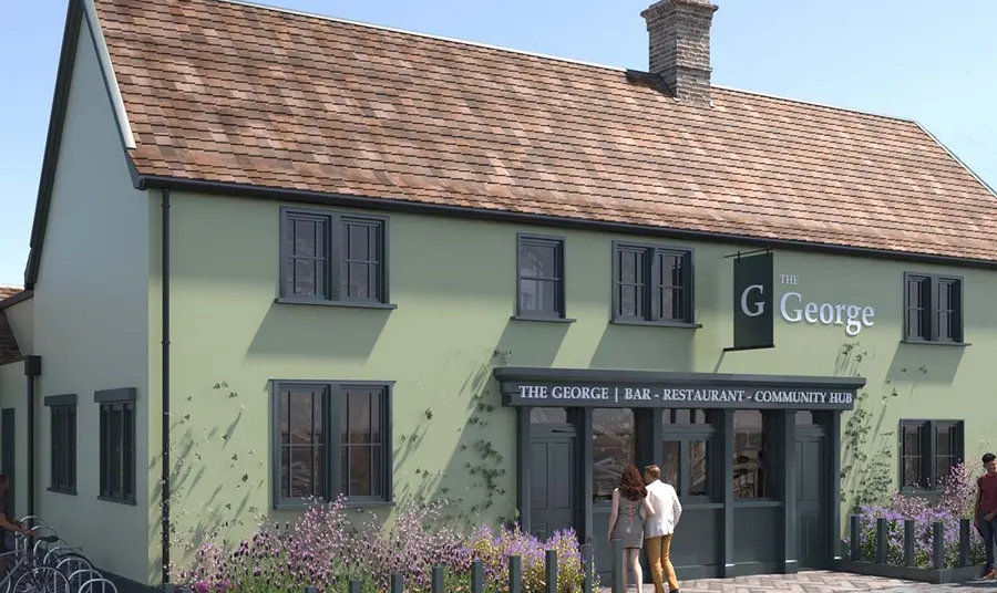 An artist impression of The George Community Pub, showing the green exterior.