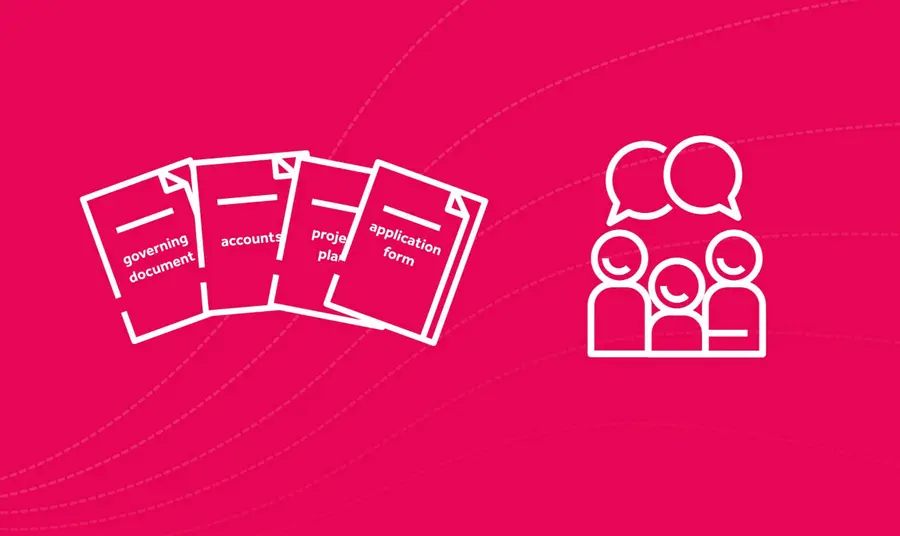 White icons on a pink background showing multiple paper files and several people talking to each other