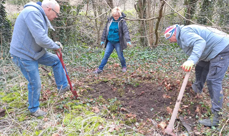 Photograph of three people digging in a woodland area
