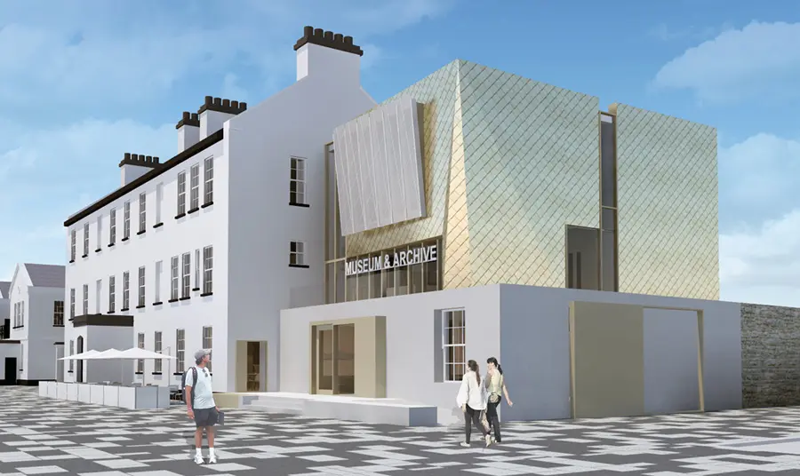An artist's impression of the DNA Museum, a modern angular building next to a traditional building