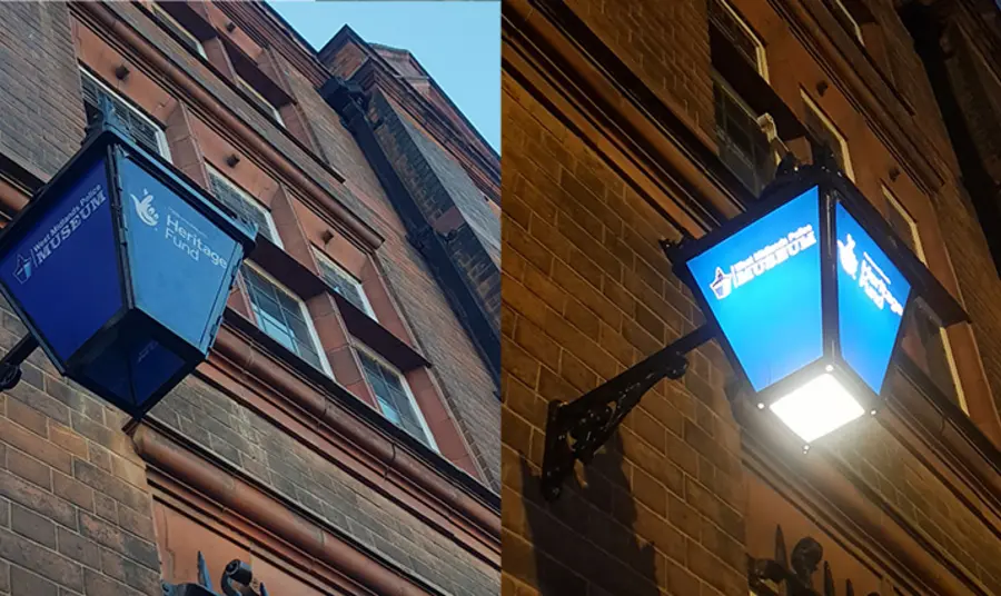 Two pictures of the same lamp, one lit and the other not