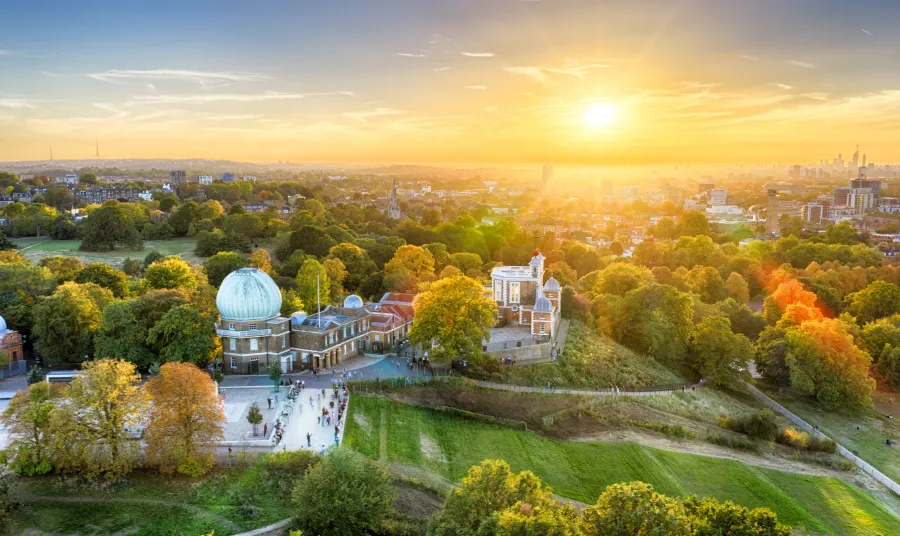 Aerial shot of Royal Observatory Greenwich at sunrise