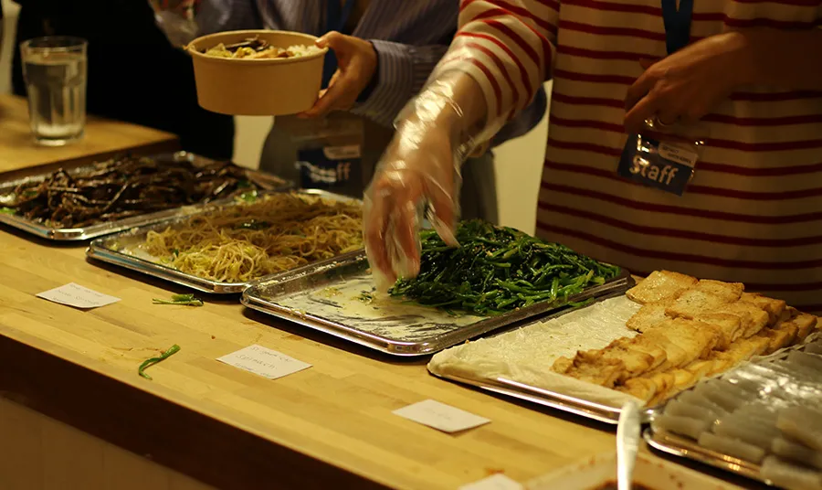 Trays of food on a table