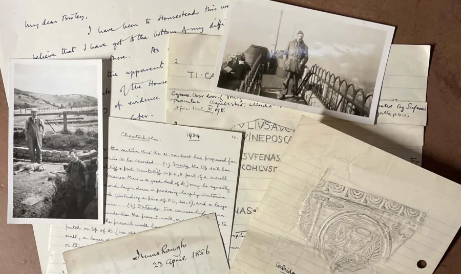 an assortment of historic photographs, letters and drawings about excavations of Hadrian's Wall