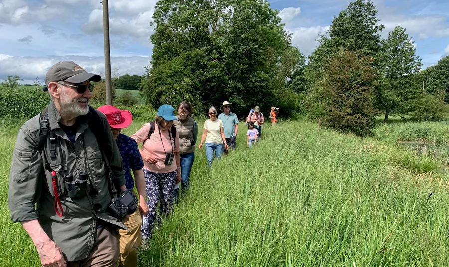 A group of people walk on a small path through long grass along the bank of a river