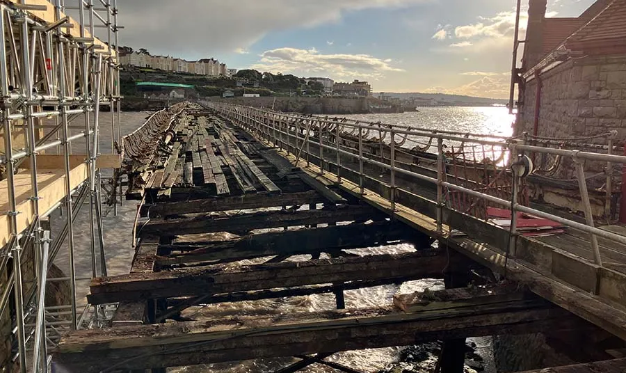 The bridge of Birnbeck Pier in a state of disrepair.