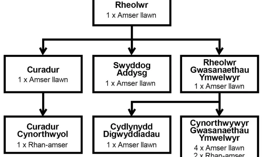 Enghraifft o organogram, yn cynnwys tair lefel o hierarchaeth o'r Rheolwr i gynorthwywyr