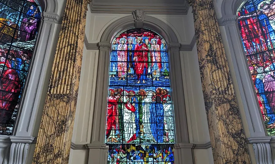 Stained glass windows inside a cathedral