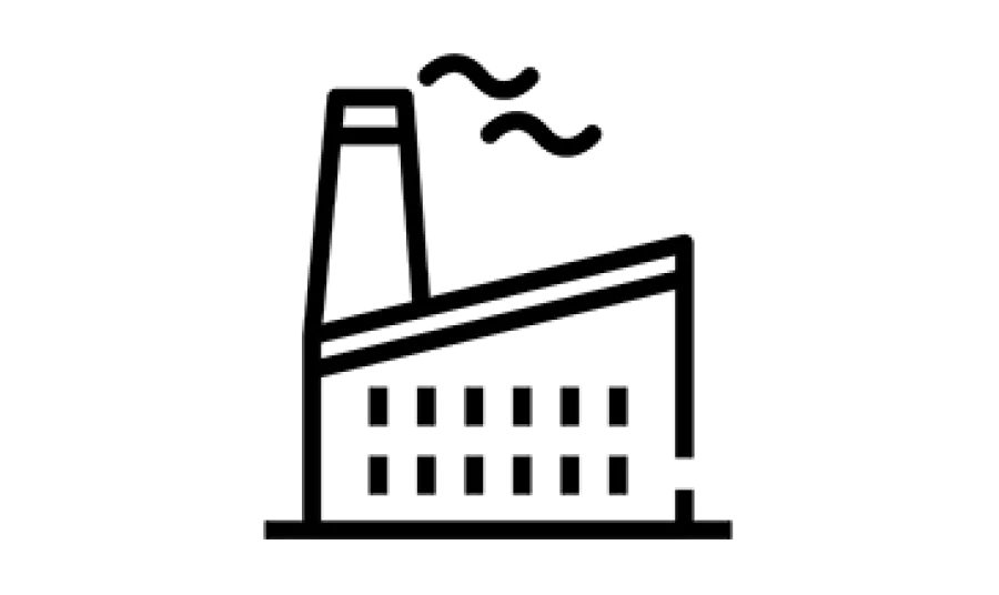 A line drawing of a factory