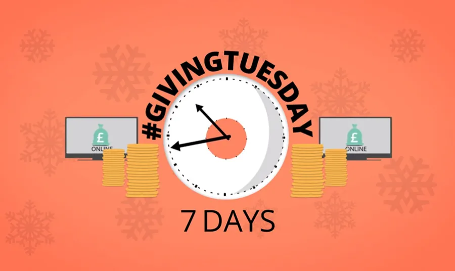 Design with computer screens, clock and coins and text Giving Tuesday 7 days