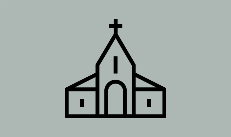 A black outline of a church on a grey background.