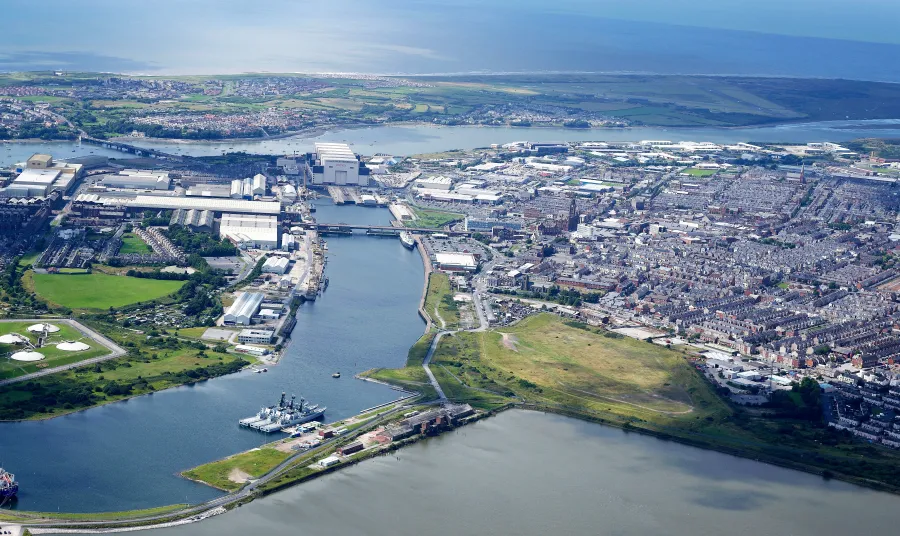 Aerial view of Barrow-in-Furness, Cumbria, showing Barrow docks with Walney Island behind