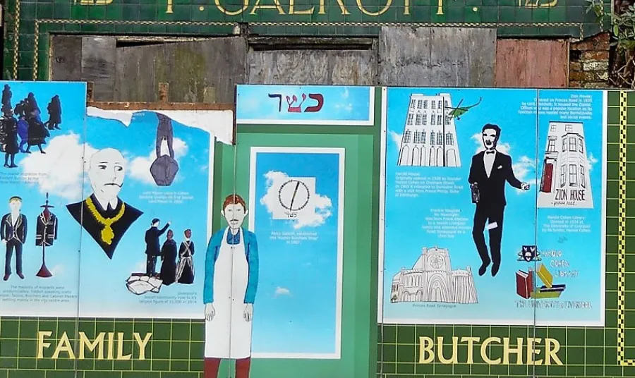 Galkoff's Jewish butcher shop Pembroke Place, Liverpool, and hoarding outside