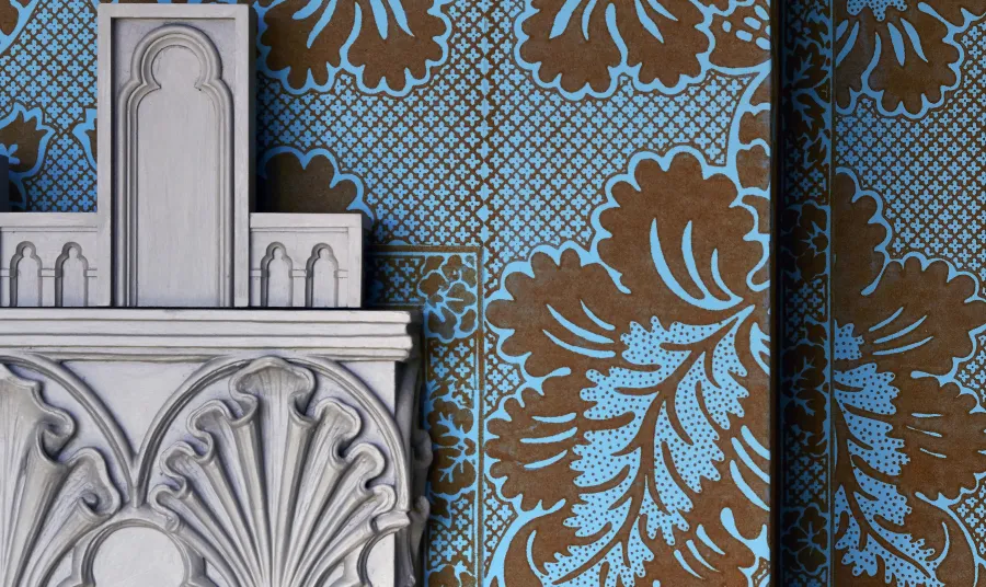 Wallpaper and fireplace in Mr Walpole's bedchamber