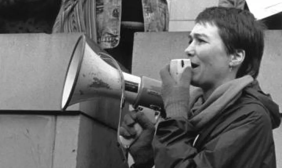 A protester talks through a megaphone at a Yorkshire rally