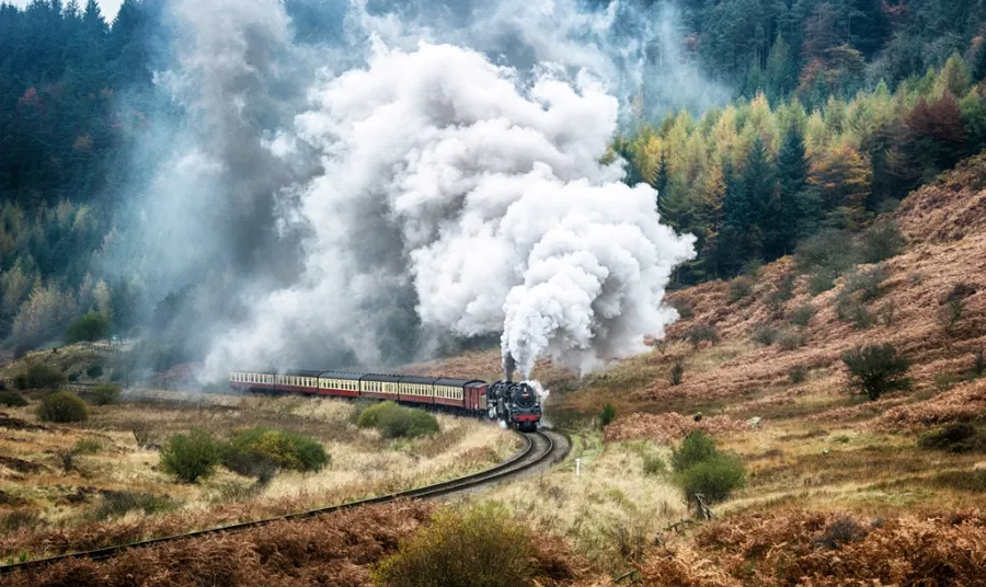 Steam train on the tracks of the North Yorkshire Moors Railway