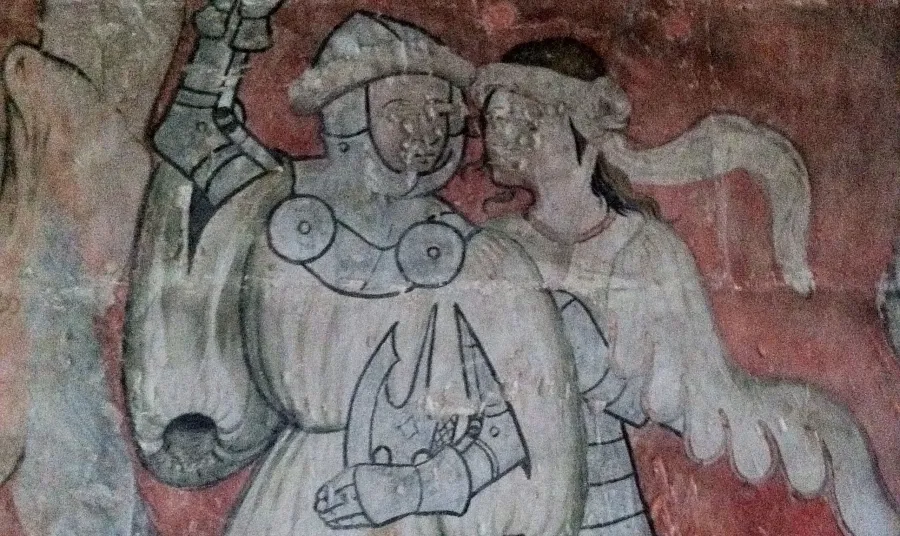 Section of medieval crucifixion painting at Charterhouse; two faded figures; charcoal on lime plaster