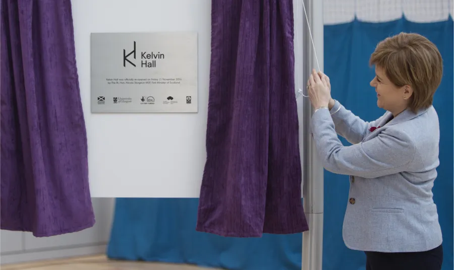 First Minister, Nicola Sturgeon unveiling the plaque at the opening of the first phase of Kelvin Hall, Glasgow