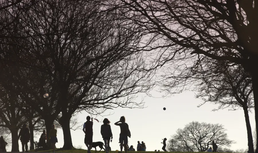 People walk dogs in Brockwell Park, South London