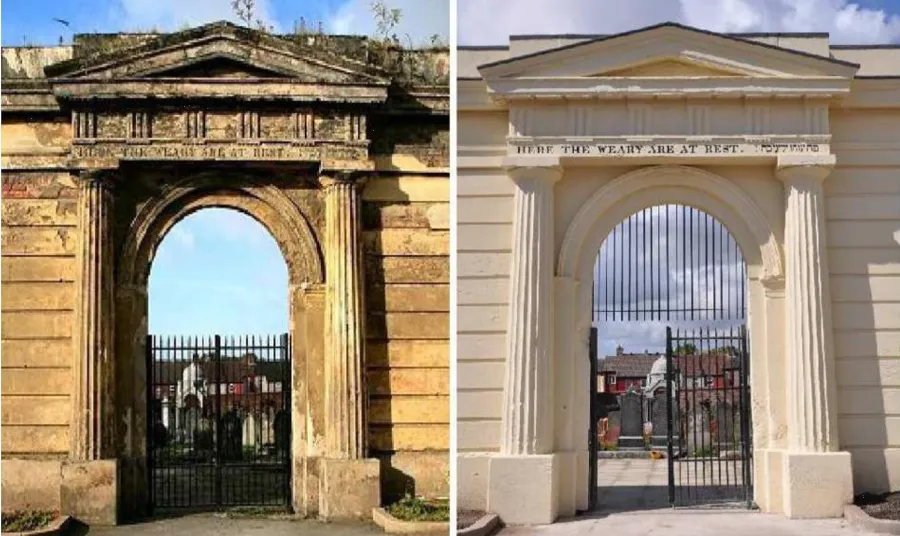 Before and after images of the entrance of Deane Road Cemetery